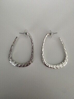 Silver Textured Hoop Earrings With Dark Gray Rhinestone Accents